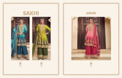 Sakhi by Zubeda Chinon Silk Embroidered Designer Sharara Suit catalogue at low price fancy sharara suit Catalogs