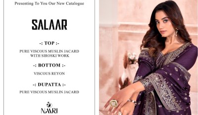 Salaar by Naari pure muslin jaquacard top bottom and dupatta dress material catalogue at affordable rate salwar kameez catalogs