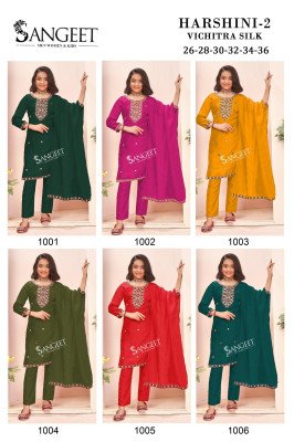 Sangeet Harshini 2 Festive Wear Vichitra Blooming Silk Embroidered Top Pant Dupatta Wholesale kurtis catalogs