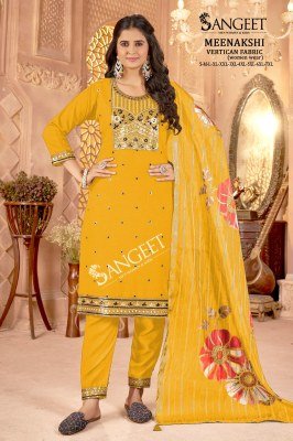 Sangeet Meenakshi Women’s 3 Piece Ethnic Suit Heavy Vertican Embroidered Top And Pant with Silk Glass Digital Print Dupatta Wholesale readymade suit catalogs
