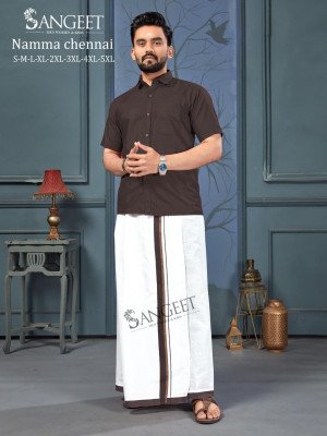 Sangeet Namma Chennai Bombay Slub Cotton Shirt with Veshti Set mens shirts