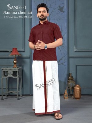 Sangeet Namma Chennai Bombay Slub Cotton Shirt with Veshti Set mens shirts