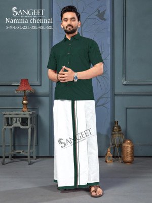 Sangeet Namma Chennai Bombay Slub Cotton Shirt with Veshti Set mens shirts