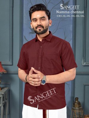 Sangeet Namma Chennai Bombay Slub Cotton Shirt with Veshti Set mens shirts
