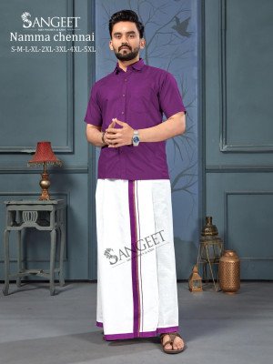 Sangeet Namma Chennai Bombay Slub Cotton Shirt with Veshti Set mens shirts