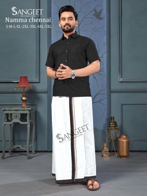 Sangeet Namma Chennai Bombay Slub Cotton Shirt with Veshti Set mens shirts