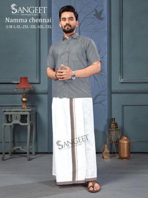 Sangeet Namma Chennai Bombay Slub Cotton Shirt with Veshti Set mens shirts
