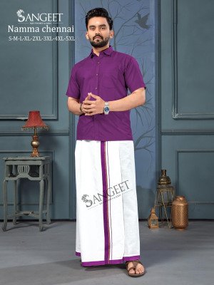 Sangeet Namma Chennai Bombay Slub Cotton Shirt with Veshti Set mens shirts