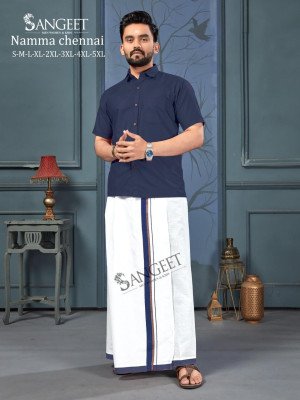 Sangeet Namma Chennai Bombay Slub Cotton Shirt with Veshti Set mens shirts