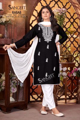 Sangeet Rabab 1 Kurti Catalogs Viscose Rayon Slub Top And Pant with White Embroidery And Sequins Work Nazneen Dupatta Wholesale kurtis catalogs