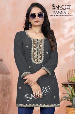 Sangeet  Ramna 2 Heavy Rayon Bombay Pattern Multi Sequence Codding Embroidery Short Kurti Top Wholesale kurtis catalogs