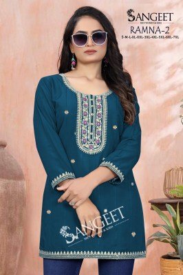 Sangeet  Ramna 2 Heavy Rayon Bombay Pattern Multi Sequence Codding Embroidery Short Kurti Top Wholesale kurtis catalogs