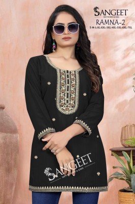Sangeet  Ramna 2 Heavy Rayon Bombay Pattern Multi Sequence Codding Embroidery Short Kurti Top Wholesale kurtis catalogs