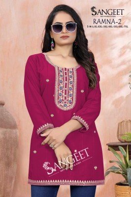 Sangeet  Ramna 2 Heavy Rayon Bombay Pattern Multi Sequence Codding Embroidery Short Kurti Top Wholesale kurtis catalogs