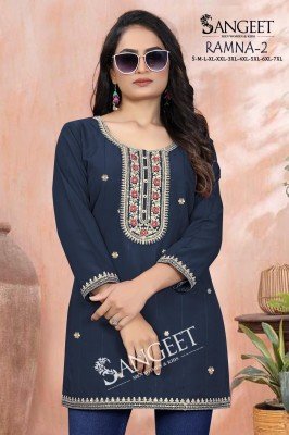 Sangeet  Ramna 2 Heavy Rayon Bombay Pattern Multi Sequence Codding Embroidery Short Kurti Top Wholesale kurtis catalogs
