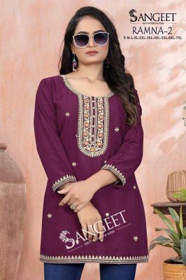 Sangeet  Ramna 2 Heavy Rayon Bombay Pattern Multi Sequence Codding Embroidery Short Kurti Top Wholesale kurtis catalogs