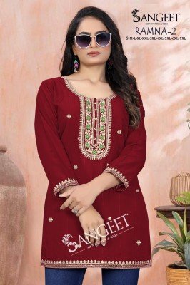Sangeet  Ramna 2 Heavy Rayon Bombay Pattern Multi Sequence Codding Embroidery Short Kurti Top Wholesale kurtis catalogs