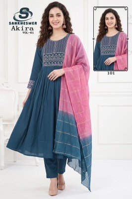 Sankheswer Impex AKIRA Vol-1 Anarkali Mul Chanderi Roman Silk Suit Set Size wise Combo Set