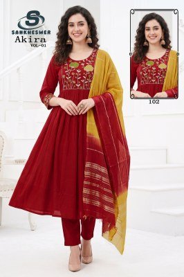 Sankheswer Impex AKIRA Vol-1 Anarkali Mul Chanderi Roman Silk Suit Set Size wise Combo Set