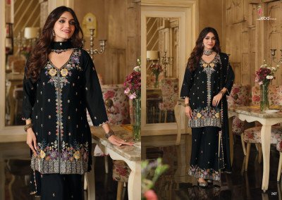 Sanvi Black And White Chinon Embroidered Plazo Suit  Eba Lifestyle readymade suit catalogs