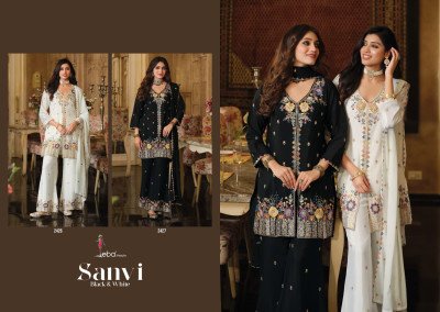 Sanvi Black And White Chinon Embroidered Plazo Suit  Eba Lifestyle readymade suit catalogs