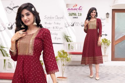 Sapna 2.0 by Aanchi kurti flair printed embroidered kali cut kurti catalogue at affordable rate kurtis catalogs