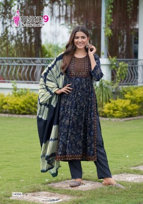 Sara Vol 14 by Mystic 9 reyon capsule Nayra cut foil printed readymade suit collection with wholesale price readymade suit catalogs