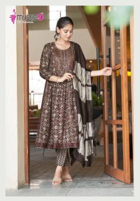 Sara vol 6 by Mystic 9 two ton reyon foil printed nyra cut readymade suit catalogue at affordable rate readymade suit catalogs
