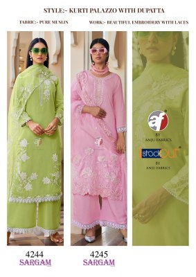 Sargam 2 by anju fabric pure muslin Light colour top with bottom and dupatta in low rate readymade suit catalogs