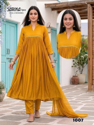 Sarika 3PCS Mal Chanderi Kurti Pant Dupatta Set with Lace Work readymade suit catalogs
