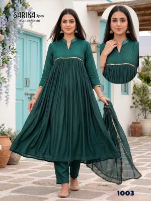 Sarika 3PCS Mal Chanderi Kurti Pant Dupatta Set with Lace Work readymade suit catalogs