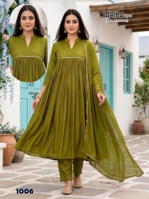 Sarika 3PCS Mal Chanderi Kurti Pant Dupatta Set with Lace Work readymade suit catalogs