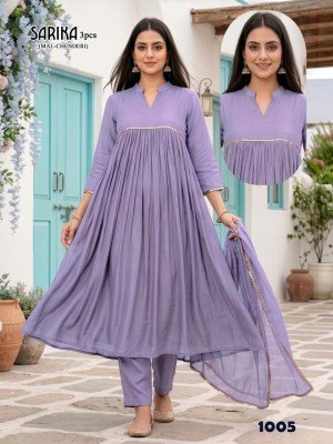 Sarika 3PCS Mal Chanderi Kurti Pant Dupatta Set with Lace Work readymade suit catalogs