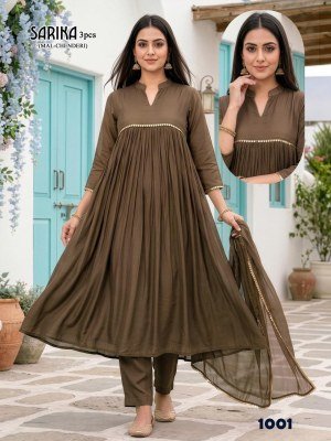Sarika 3PCS Mal Chanderi Kurti Pant Dupatta Set with Lace Work readymade suit catalogs