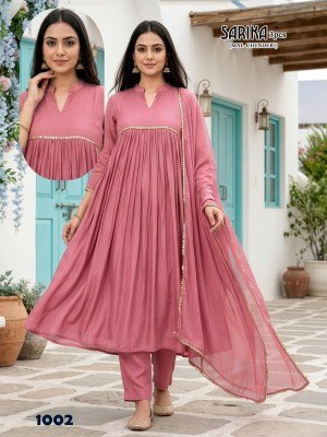 Sarika 3PCS Mal Chanderi Kurti Pant Dupatta Set with Lace Work readymade suit catalogs