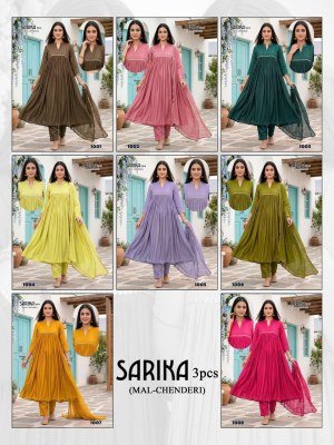 Sarika 3PCS Mal Chanderi Kurti Pant Dupatta Set with Lace Work readymade suit catalogs