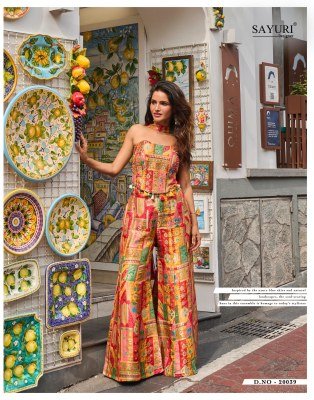Sayuri Banarsi 3 Piece Co-Ord Set Wholesale Viscose Jacquard Silk Palazzo Set readymade suit catalogs