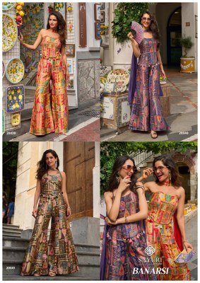 Sayuri Banarsi 3 Piece Co-Ord Set Wholesale Viscose Jacquard Silk Palazzo Set readymade suit catalogs