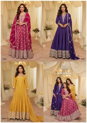 Sayuri Designer Aaradhana Pure Viscose Jacquard Silk Embroidered Gown readymade suit catalogs