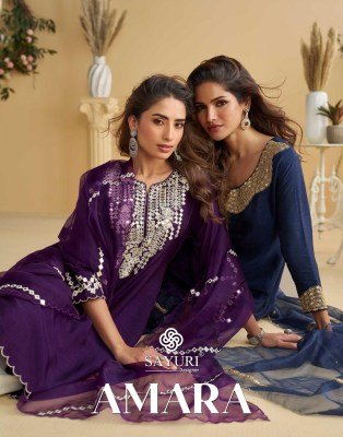 Sayuri Designer Amara Premium Real Silk Dress Material Top with Plazzo Organza Dupatta Wholesale readymade suit catalogs
