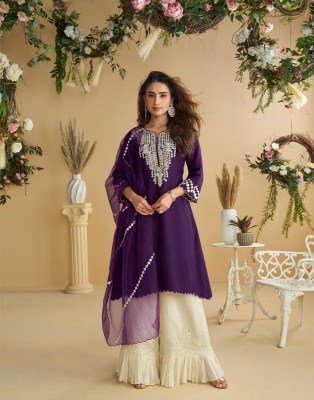 Sayuri Designer Amara Premium Real Silk Dress Material Top with Plazzo Organza Dupatta Wholesale readymade suit catalogs