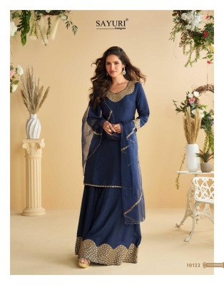 Sayuri Designer Amara Premium Real Silk Dress Material Top with Plazzo Organza Dupatta Wholesale readymade suit catalogs