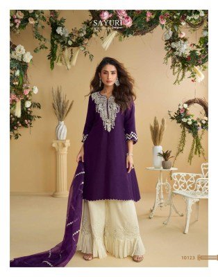 Sayuri Designer Amara Premium Real Silk Dress Material Top with Plazzo Organza Dupatta Wholesale readymade suit catalogs