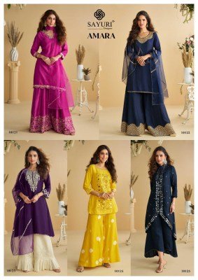 Sayuri Designer Amara Premium Real Silk Dress Material Top with Plazzo Organza Dupatta Wholesale readymade suit catalogs