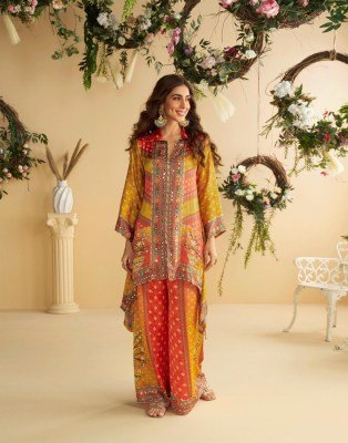 Sayuri Designer Aura Fabric Real Premium Digital Crepe Silk with Mirror Work Cord Set Wholesale co ord set catalogs