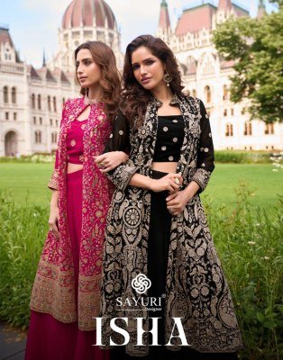 Sayuri Designer Isha Premium Georgette Shrug Set Heavy Embroidery And Bead Work, Matching Blouse And Palazzo Wholesale Sayuri designer 