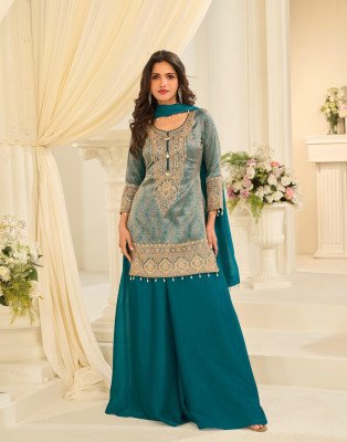 Sayuri Designer Jacquard Beads Viscose Silk Kurti And Chinon Palazzo Set readymade suit catalogs