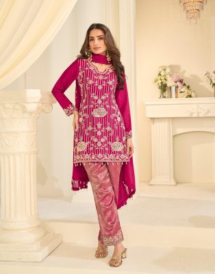 Sayuri Designer Jacquard Beads Viscose Silk Kurti And Chinon Palazzo Set readymade suit catalogs
