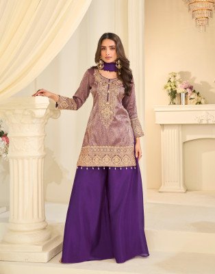 Sayuri Designer Jacquard Beads Viscose Silk Kurti And Chinon Palazzo Set readymade suit catalogs