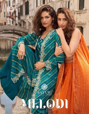 Sayuri Designer Melodi Catalog Premium Chinon Silk Jacquard Readymade Suit Shrug Set Embroidered Blouse And Palazzo Festive Wear Wholesale Sayuri designer 
